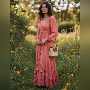 Pink Lily Coral Long Sleeve Maxi Dress